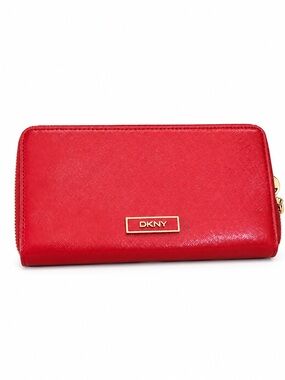 DKNY Red Saffiano Zip Wallet with Gold Logo